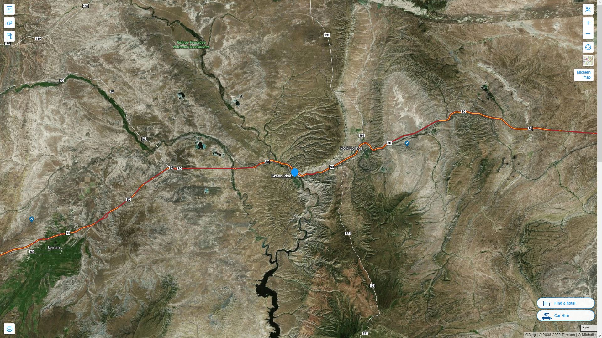 Green River Wyoming Highway and Road Map with Satellite View